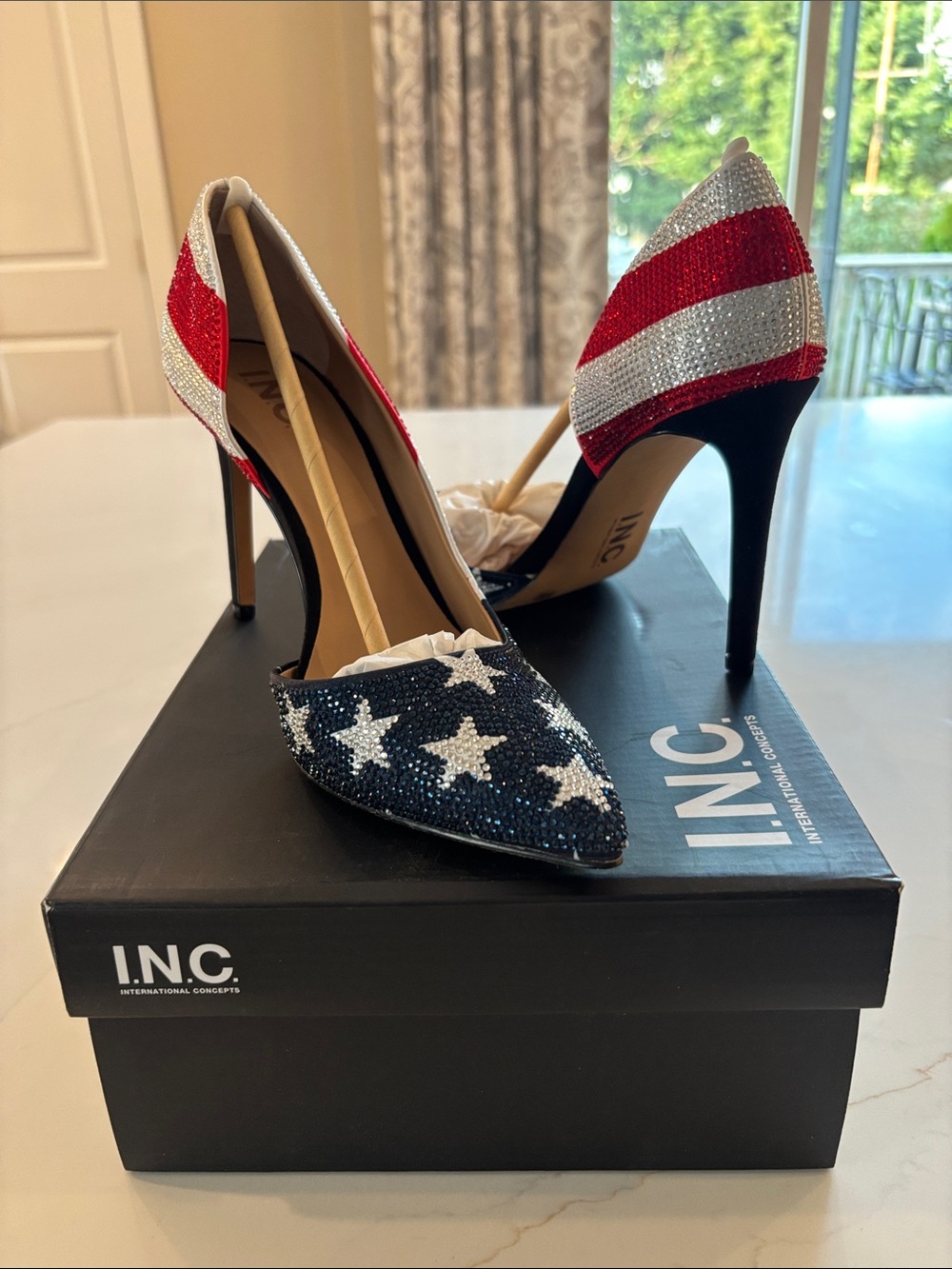 INC International Concepts Red White and Blue Rhinestone Star-Striped Pumps 250 - Picture 5 of 12